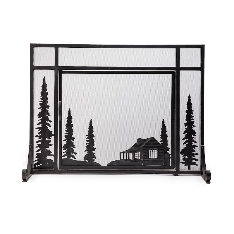 47" x 35" Large Mountain Cabin Fire Screen With Door - Black