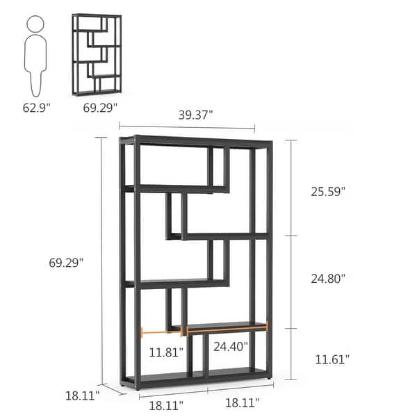 69-inch Tall Bookshelf, 6Tiers Bookcase, Industrial Wood/ Metal Display ...