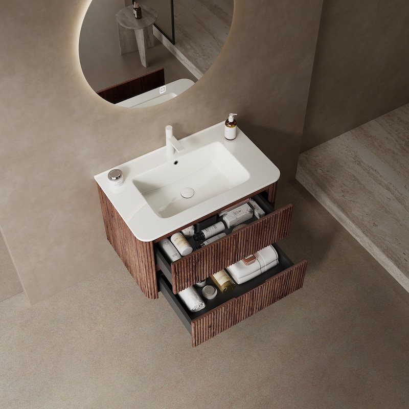 Single Sink Wall-Mounted Bath Vanity in Deep Walnut with White Ceramic Top