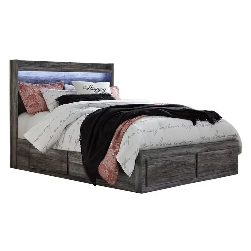 Bays Queen Size Storage Bed with 6 Drawers, Driftwood Smoke Gray, LED