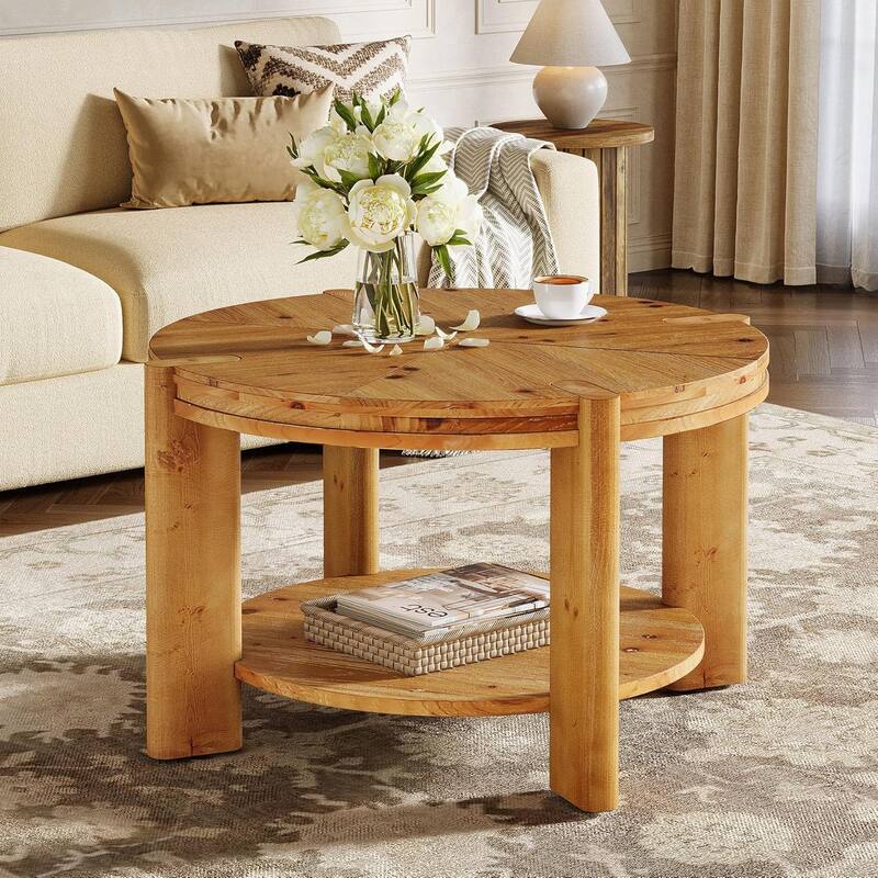 Farmhouse 2-Tier Round Solid Wood Coffee Table, 31.5" Circle Accent Center Tables for Living Room