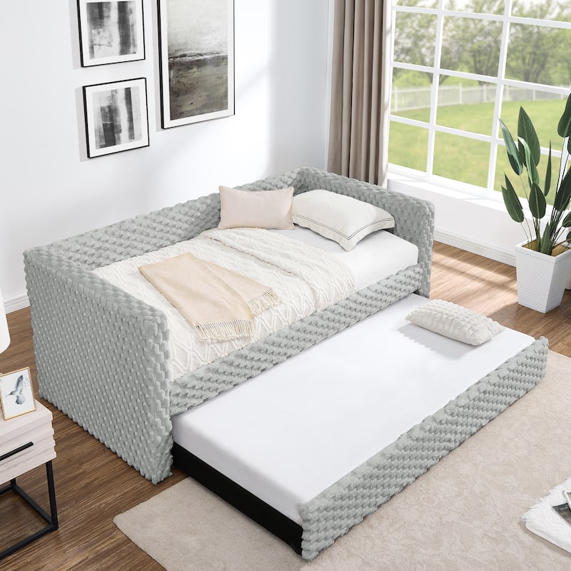 Modern Twin Size Upholstered Daybed with Pull-Out Sofa Bed Function, Dark Grey Plaid Corduroy Fabric
