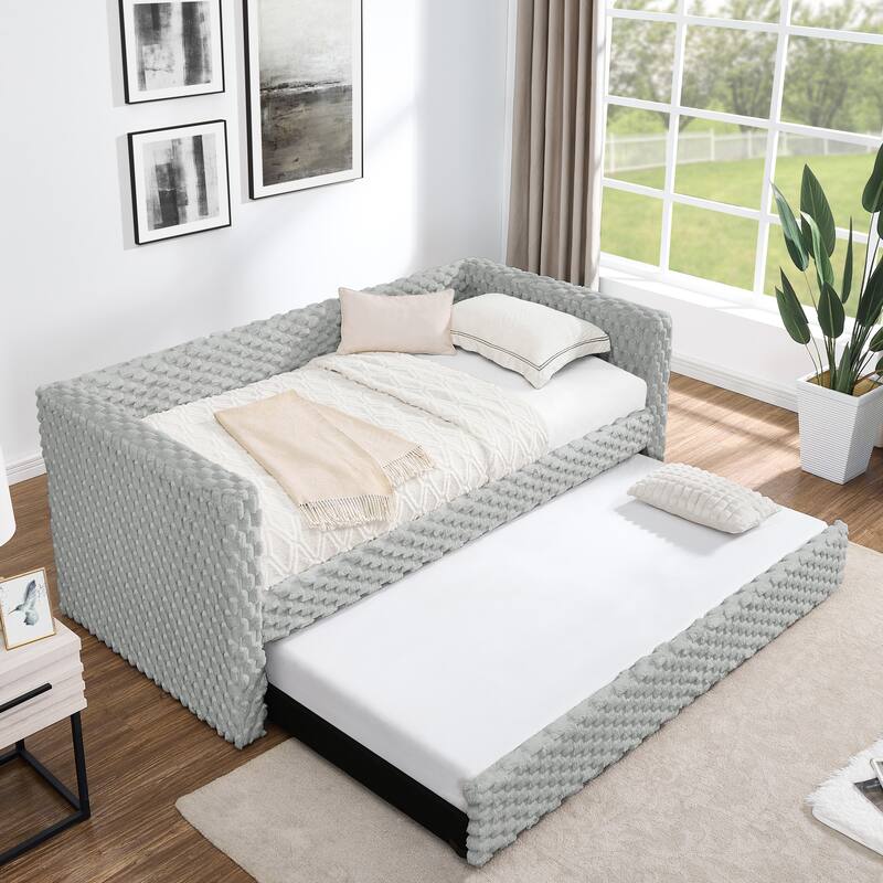 Twin Size Daybed with Trundle Bed, Upholstered Sofa Bed, Plaid Corduroy Fabric Sofa Bed Frame, Bottom Pulls Out to Form a Bed