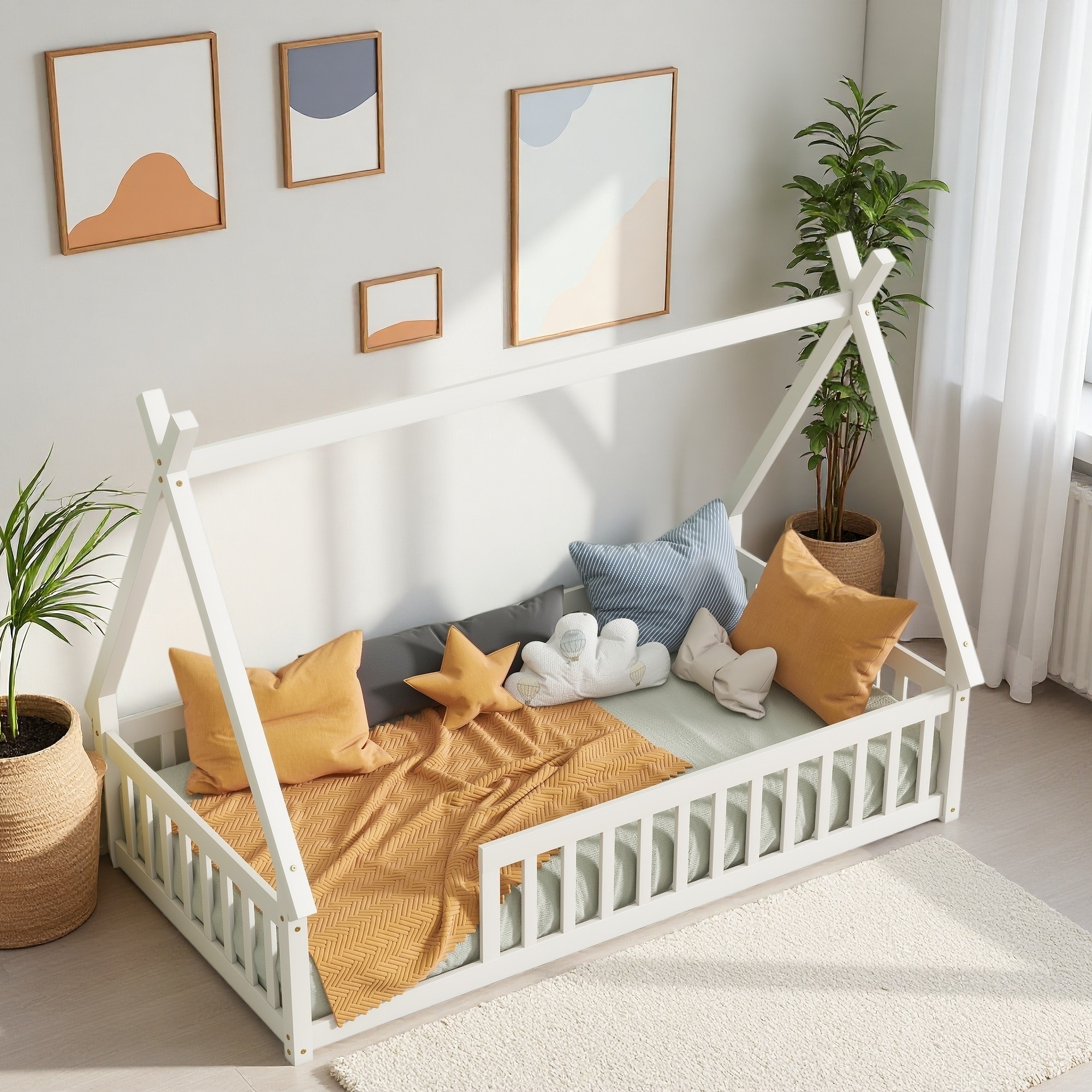 Twin Size Rubberwood Tent-Shaped Floor Low Profile Bed with Guardrails, and Slats