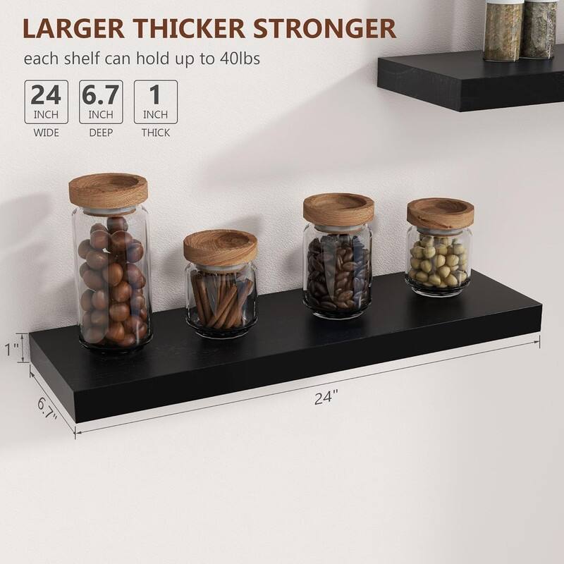 24 Inch Black Floating Shelves for Wall, Solid Wood Wall Shelves Set - 24 Inch