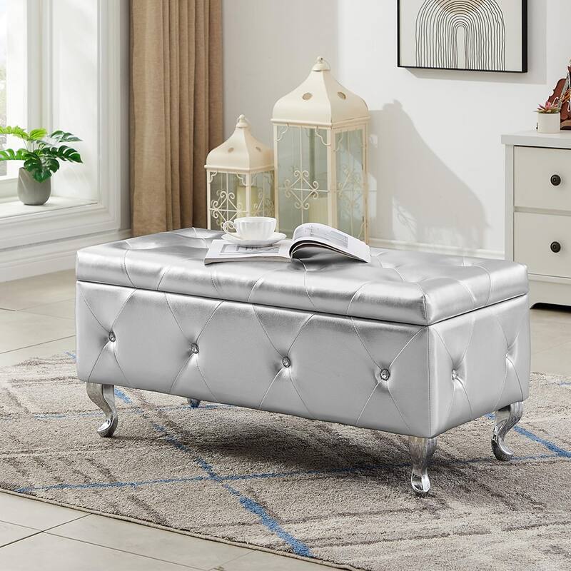 Luxury Storage Ottoman Bench, PU Upholstered Flip Top Ottoman