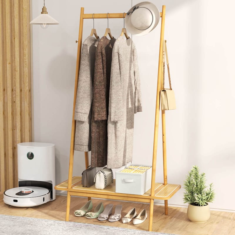 Costway Bamboo Clothes Rack Clothing Rack with Hanging Rod Rattan - See Details