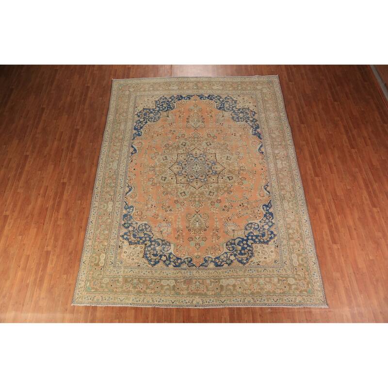 Floral Orange Mashad Persian Area Rug Hand-Knotted Wool Carpet - 9'7"x 12'7"