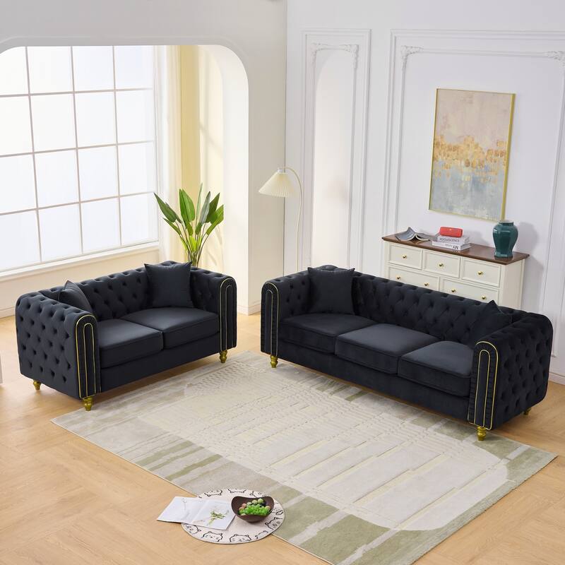 Roomfitters 86" and 63" Modern Tuxedo Chesterfield Sofa and Loveseat Set with Gold Trim, Button Back 2-Piece Couch Set
