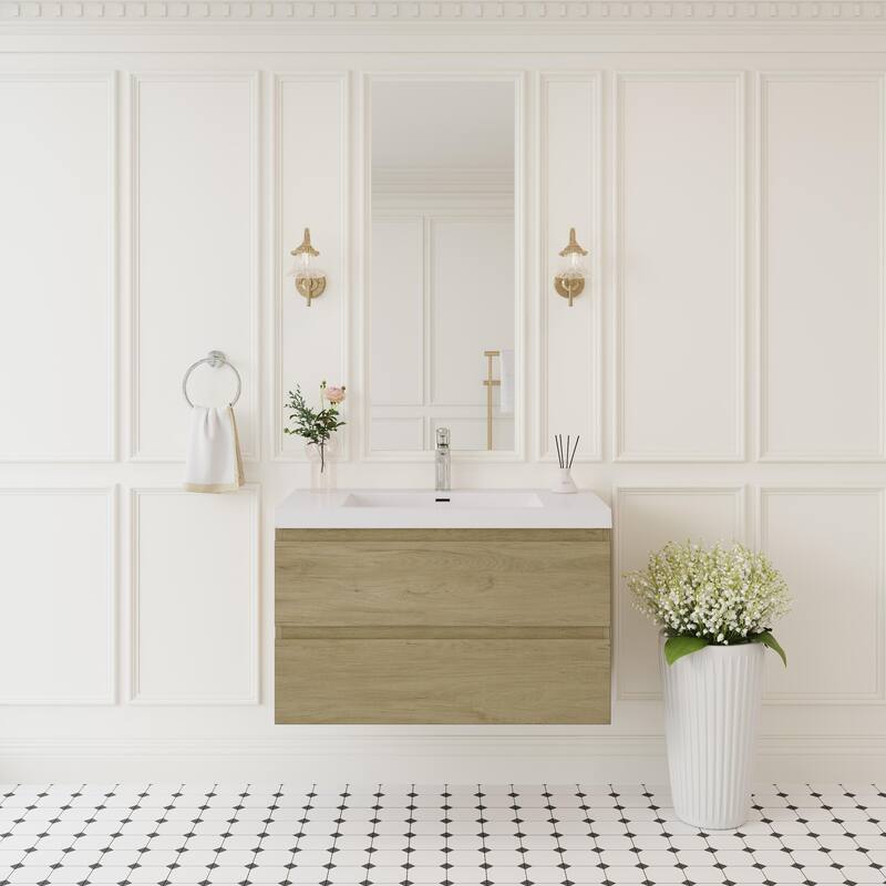 Modern Wall-Mounted Bathroom Vanity with White Solid Surface Top - 35.43'' x 19.69'' x 22.4'' - Oak