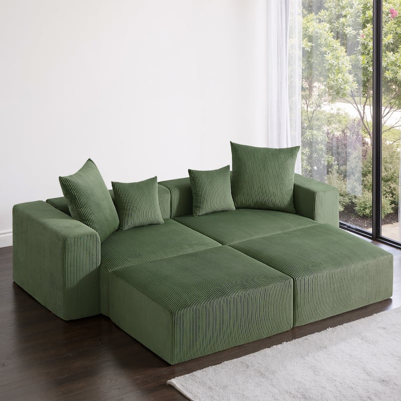 4-Piece Modern Corduroy Modular Sectional Sofa Set with 4 Throw Pillows