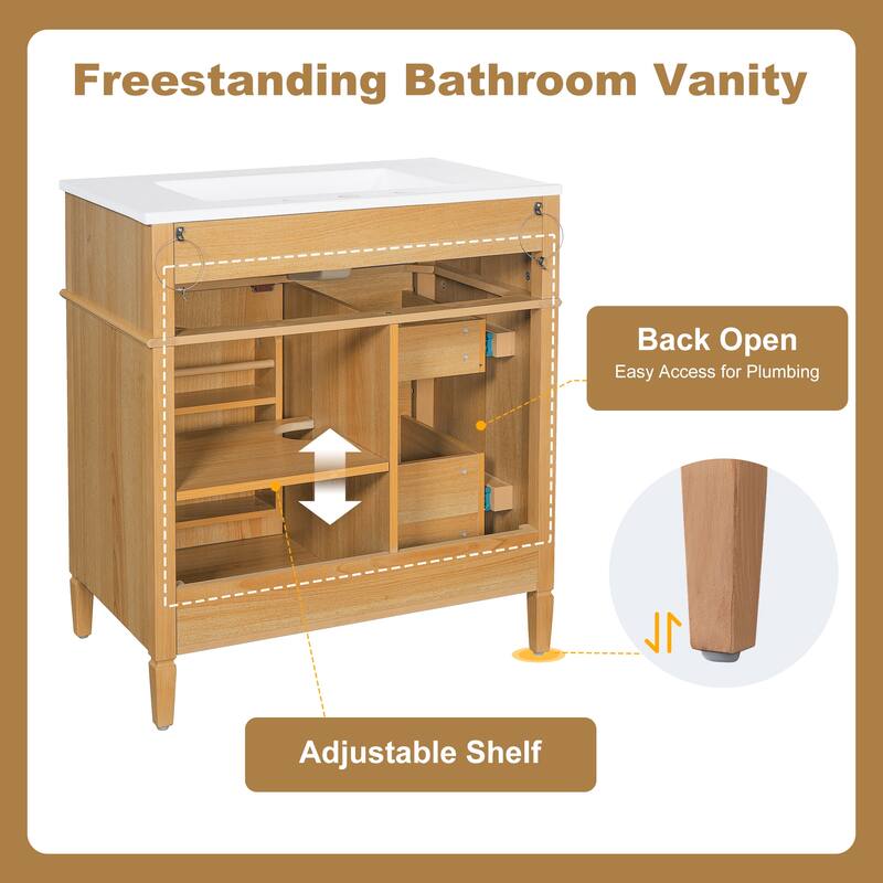 Roomfitters 30" Bathroom Vanity with Sink, Solid Wood Frame, Flip-Out Drawer, 2 Soft-Close Drawers & Door
