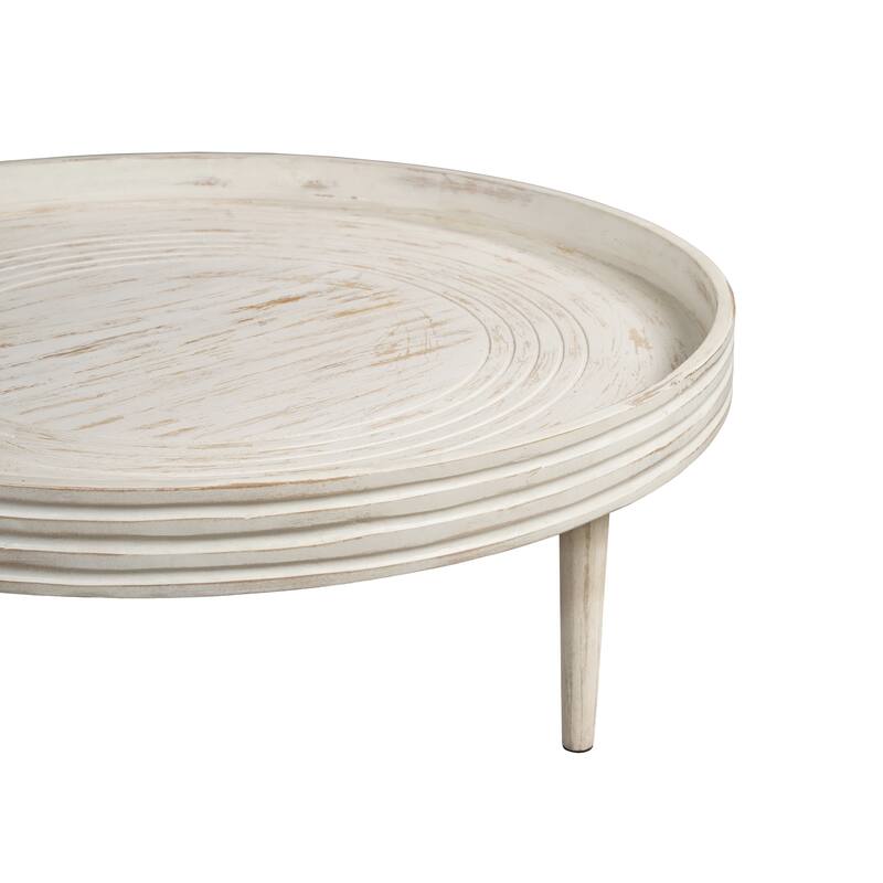 33 Inch Coffee Table, Solid Mango Wood, Handcrafted Round Grooved Raised Edge Distressed White