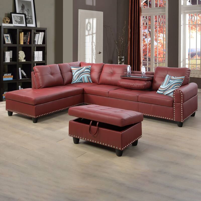Red Faux Leather Storage Ottoman for Living Room