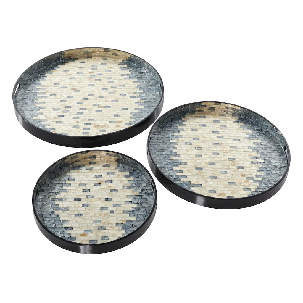 Mother of Pearl Shell Handmade Living Room Decor Tray with Slot Handles - Set of 3 Blue or Black - Roche River Decor