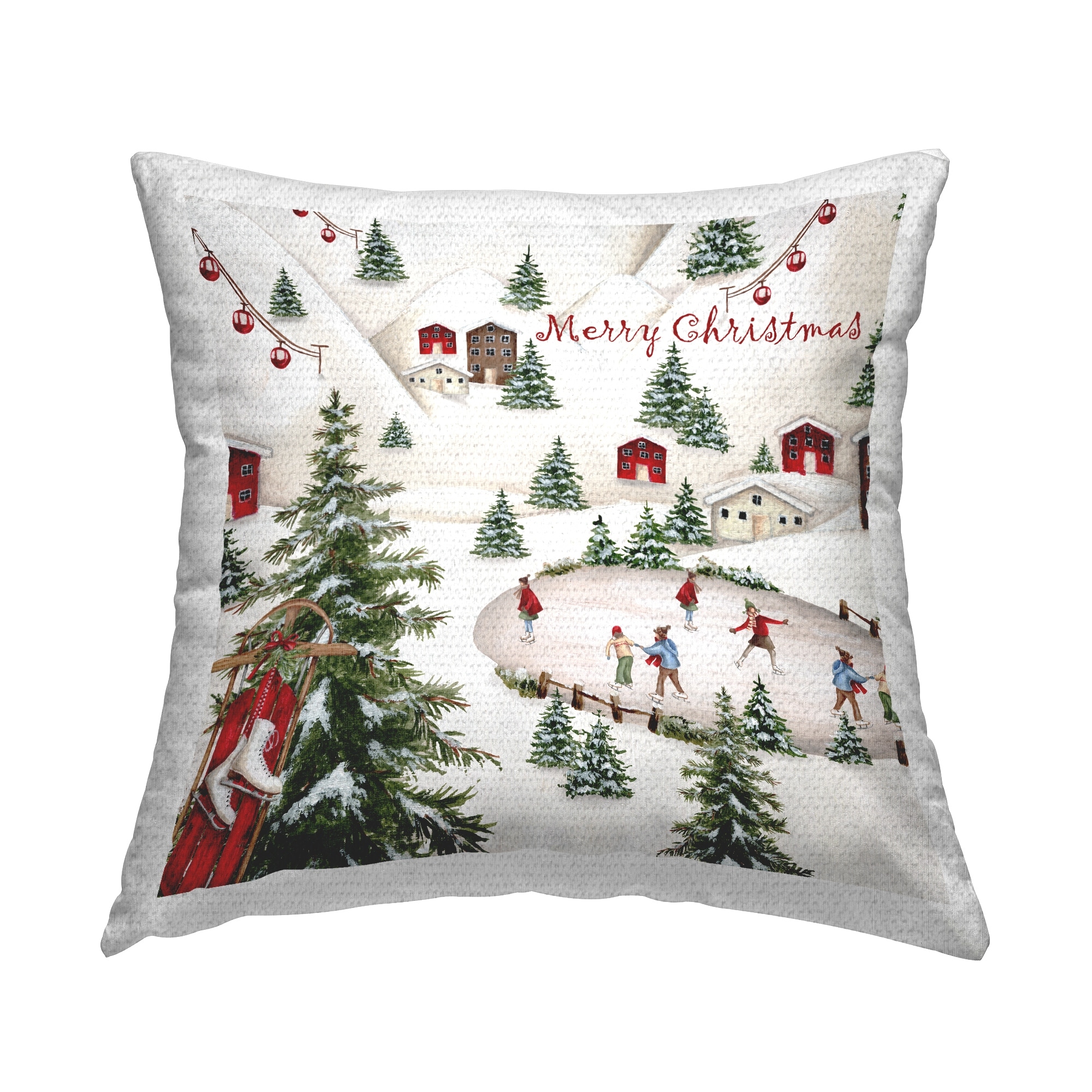 Stupell Merry Christmas Winter Skating Printed Outdoor Throw Pillow Design by Emma Leach Polyester Single Beige