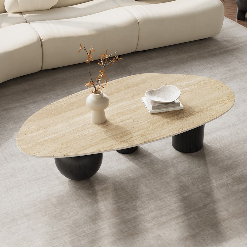 Modern 54" Coffee Table, White Sintered Stone Table-top, 3 Stainless Steel legs, Free form