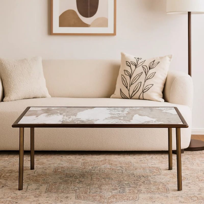 Zame 79 Inch Dining Table, Rectangular White Stone Top, Steel Legs, Bronze