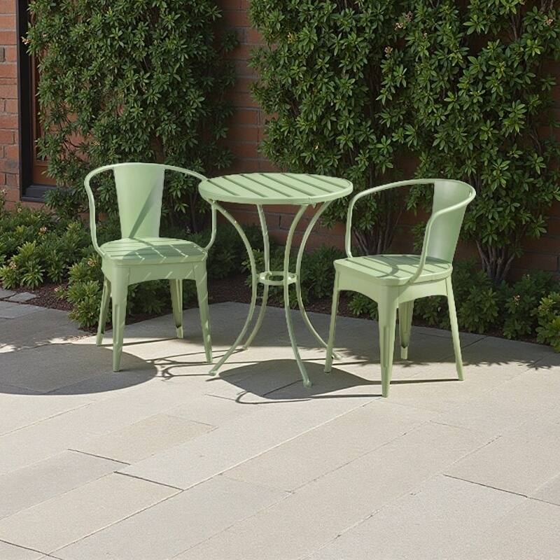 Modern 3-Piece Powder-Coated Iron Bistro Set with Round Slatted Table and Stackable Armchairs for Compact Outdoor Spaces - Green