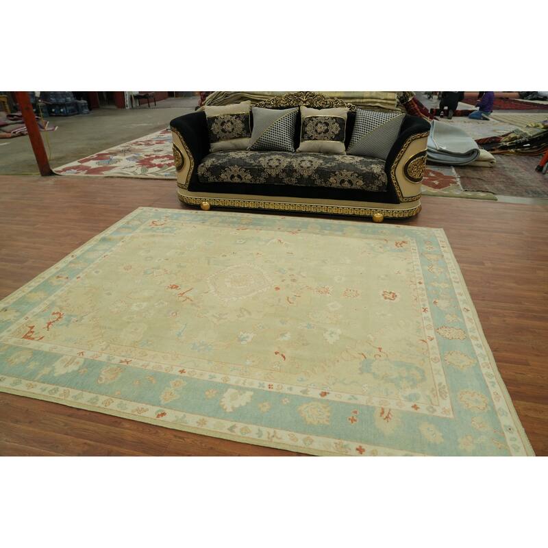 Handmade Wool Oushak Turkish Area Rug, Floral Geometric Carpet - 9' 10'' X 8' 0''