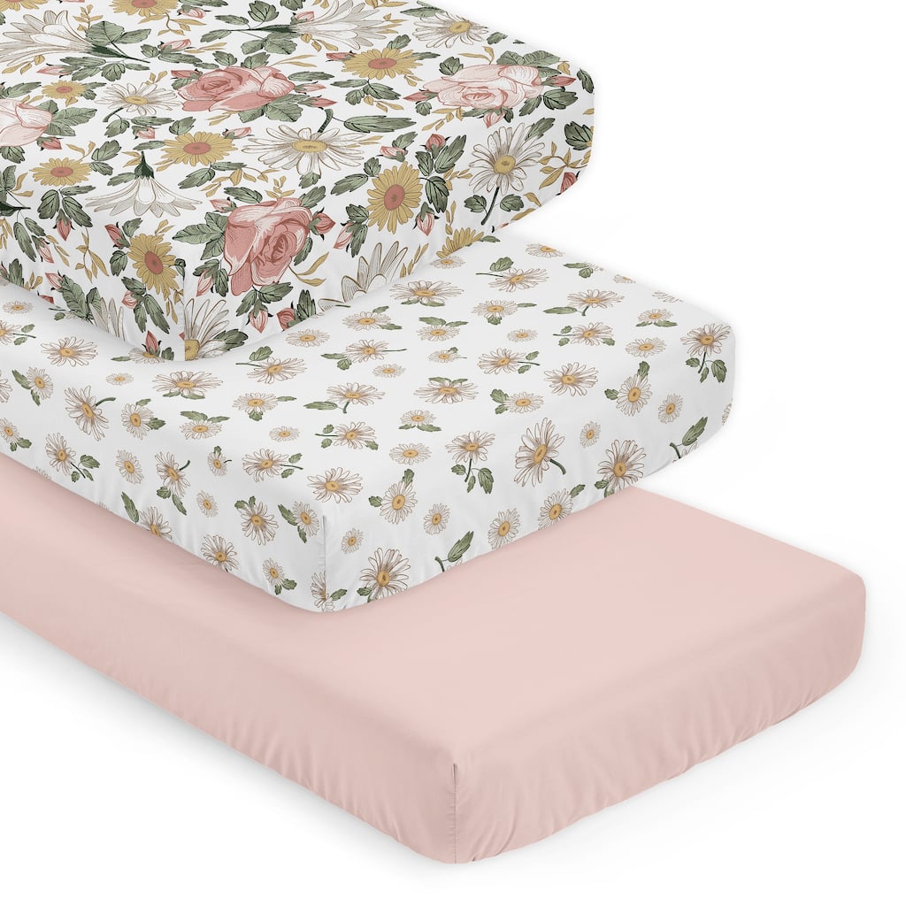 Sweet Jojo Designs Vintage Floral Boho Girl 3 Pack Fitted Crib Sheets - Solid Blush Pink, Daisies & Bohemian, Shabby Chic Flower
