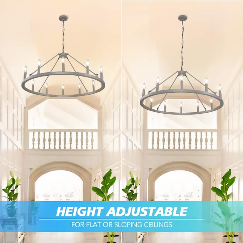 Black Wagon Wheel Chandelier 38 inch, 12-Light Black Round Industrial Farmhouse Chandeliers
