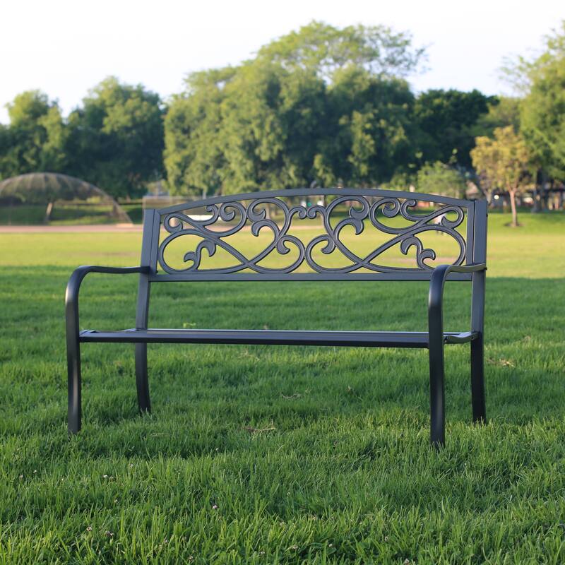 Outdoor Cast Iron Park Decorative Bench - 34.25" H x 50" W x 23.62" D - Matt Black