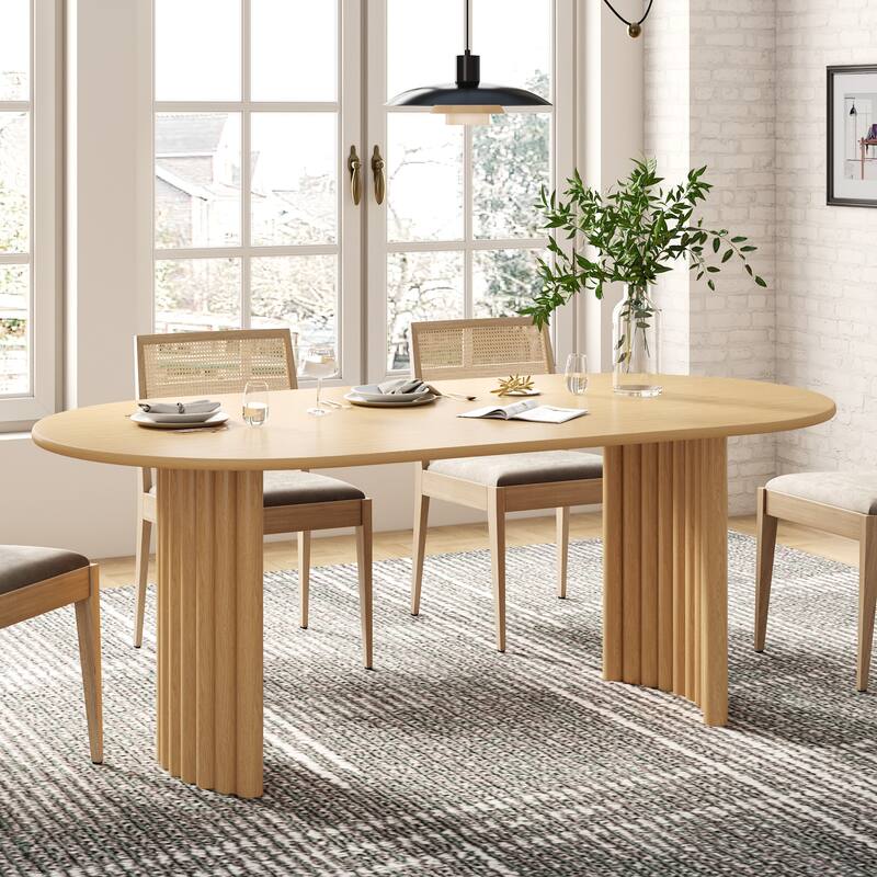 Oval Dining Table with Arc-Shaped Edge Top and Stripes Base Modern Farmhouse Kitchen Table for Living Room Dining Room