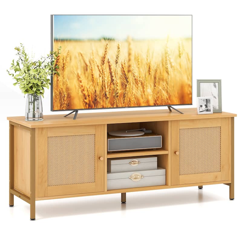 Natural Engineered Wood TV Stand with Faux Rattan Doors, Metal Feet and Storage Shelves - 48" x 16" x 19"(L x W x H)