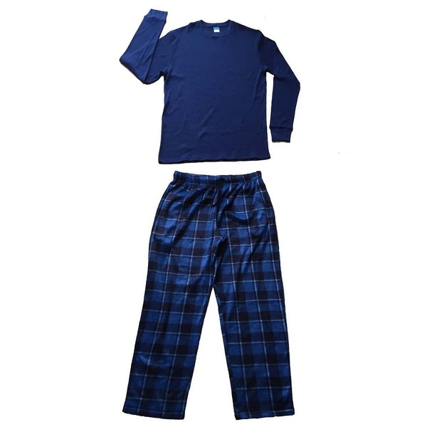 Men Cotton Thermal Top & Fleece Lined Pants Pajamas Set (Navy)
