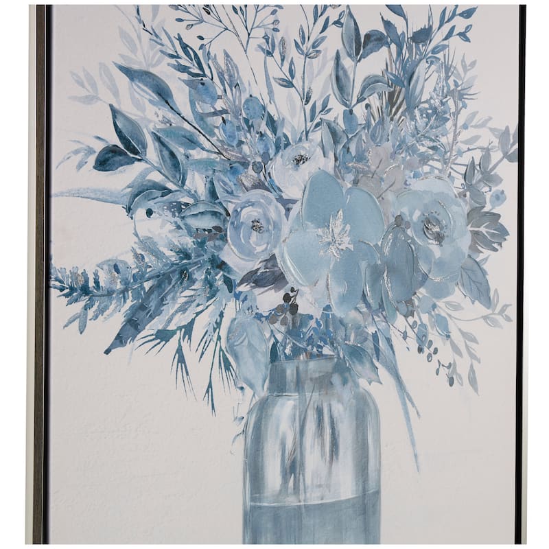Canvas Floral Bouquet Framed Wall Art with Silver Frame - Blue - Roche River Decor