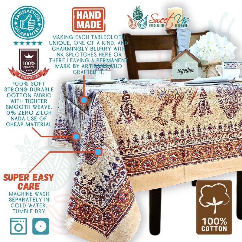 Peacock Paradise Paisley Floral Hand Block Print Cotton Tablecloth - 86 x 102 in. - Beige