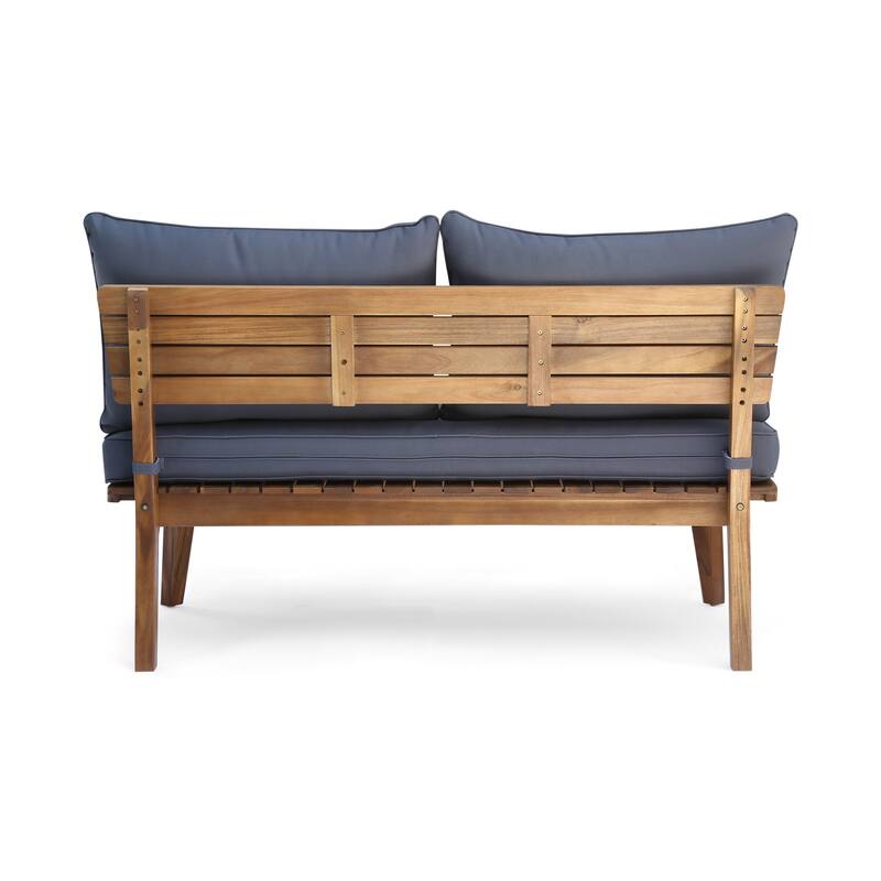 Roomfitters Outdoor Loveseat with Acacia Wood Frame and Navy Cushions, Patio 2-Seat Sofa, Grey
