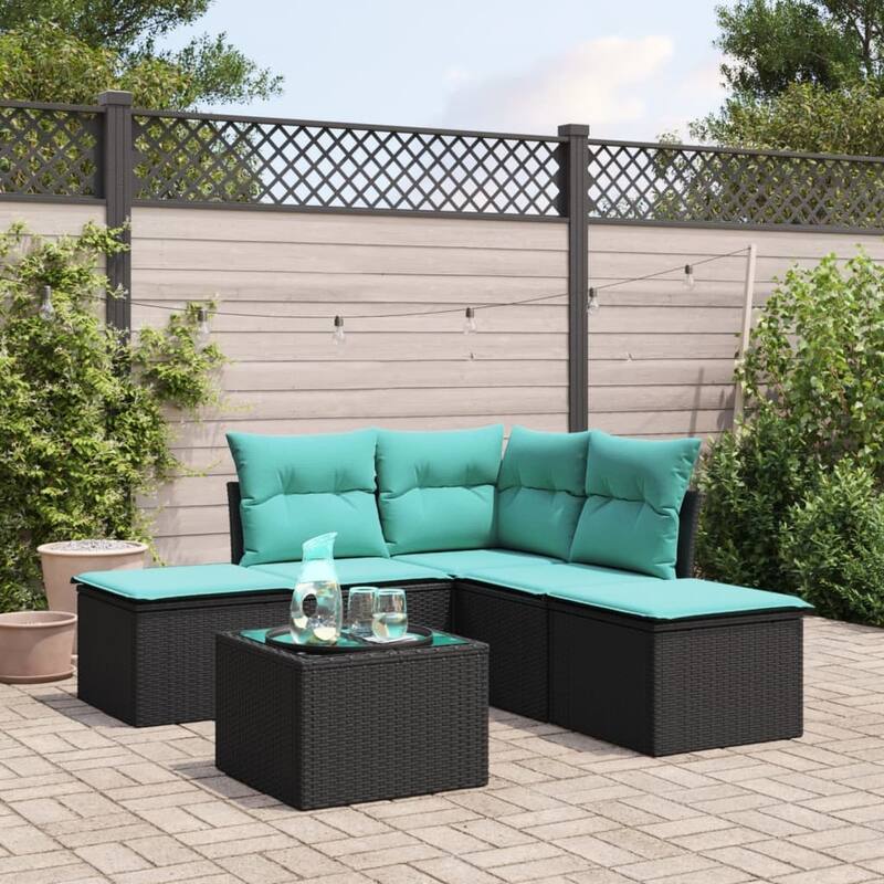 vidaXL Patio Sofa Set with Cushions Outdoor Furniture 6 Piece Poly Rattan - 21.7 x 24.4 x 27.2 - Black and blue With table