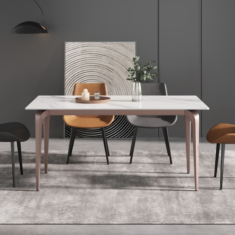 63" Light Luxury Marble Dining Table, Rectangular Sintered Stone Top and Carbon Steel legs