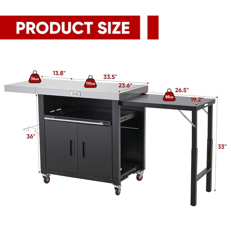 Feasto Grill Table, Outdoor Kitchen Island With 2 Foldable Side Tables, Stainless Steel Top For Outdoor Kitchen Cabinets