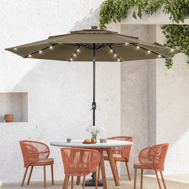 BONOSUKI 3 Tiers Patio Market Umbrella w/Solar Lights and Tilt button - Taupe
