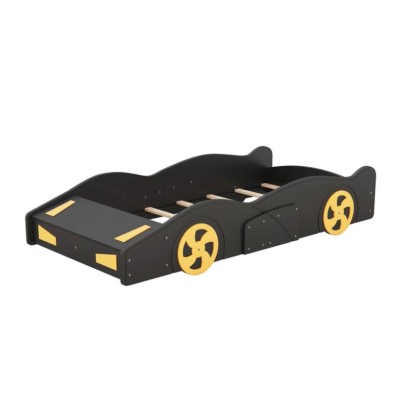 Race Car-Shaped Twin Platform Bed with Wheels, Storage, Black+Yellow