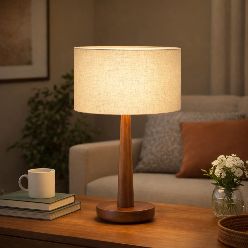 18.5" Modern Table Lamp with Walnut Wood Base, Dimmable Bedside Lamp, UL Listed