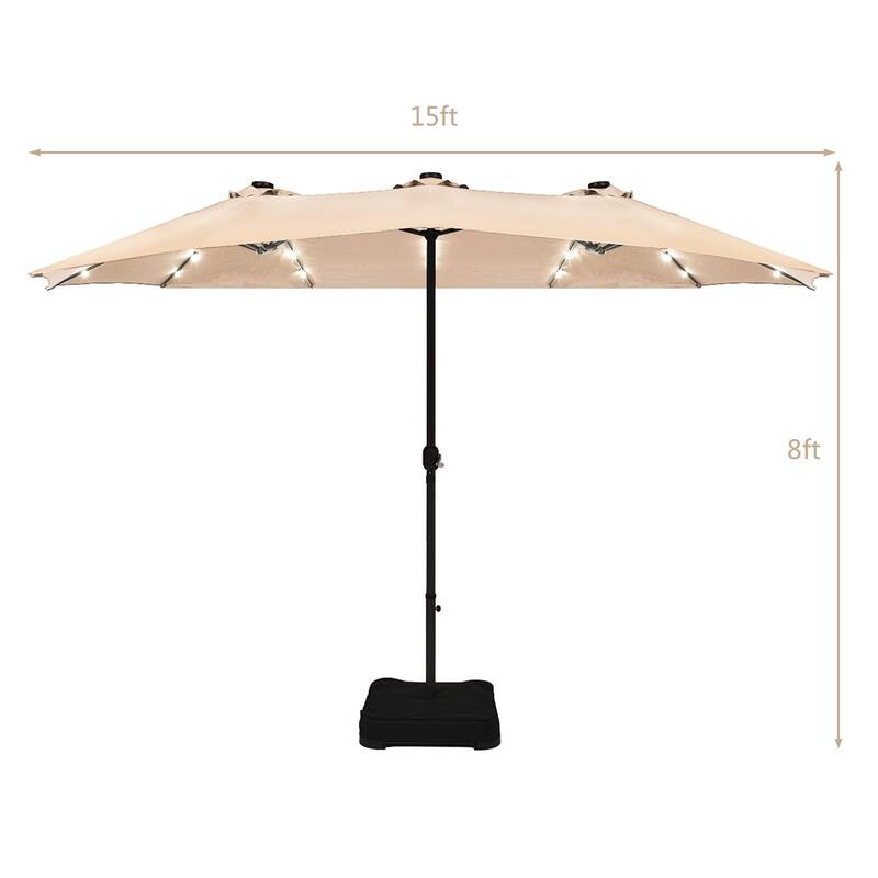 15 Ft Solar LED Patio Double-sided Umbrella Market Umbrella with Weight Base - 15' x 8' (W x H)