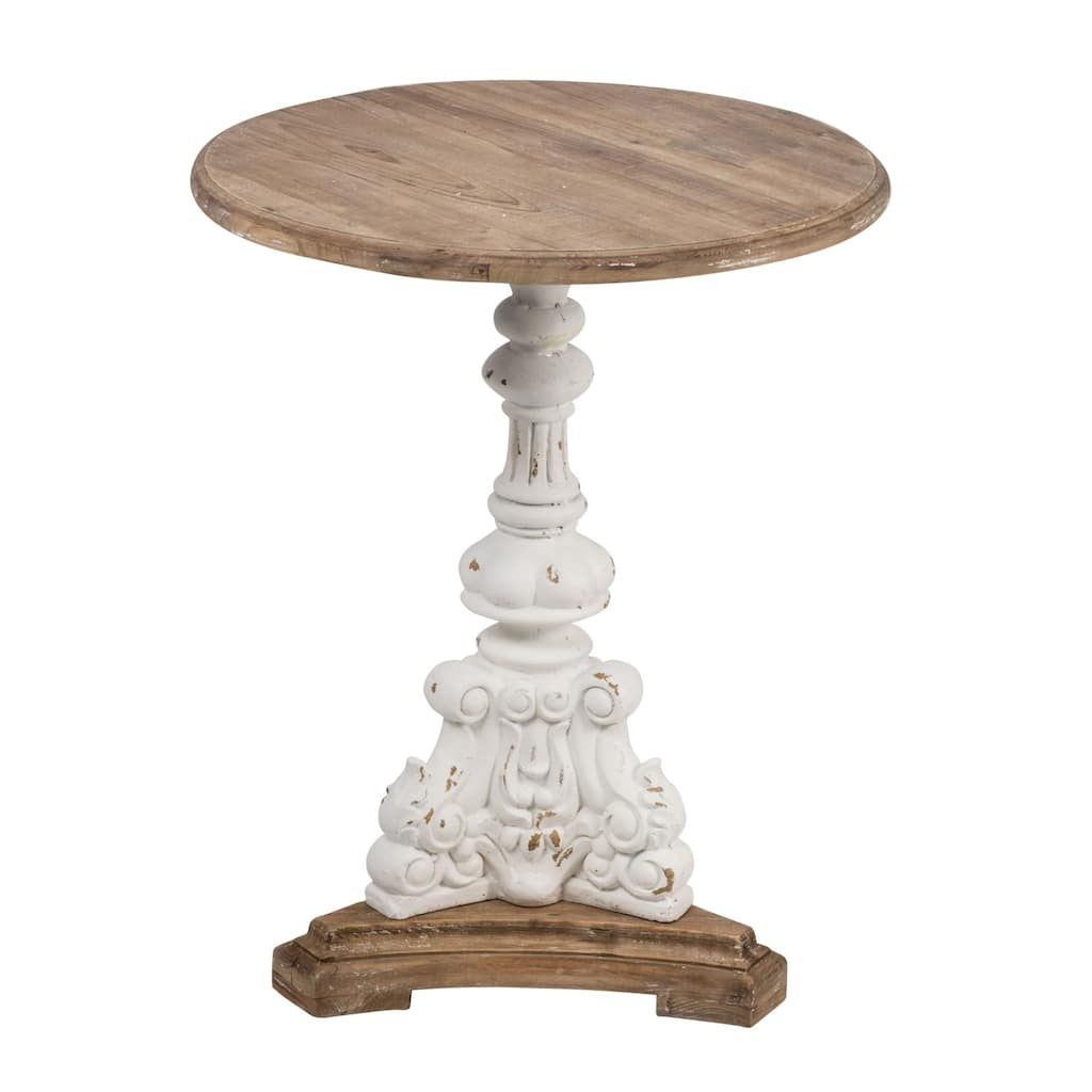 27" White and Brown Antique Round Side Table