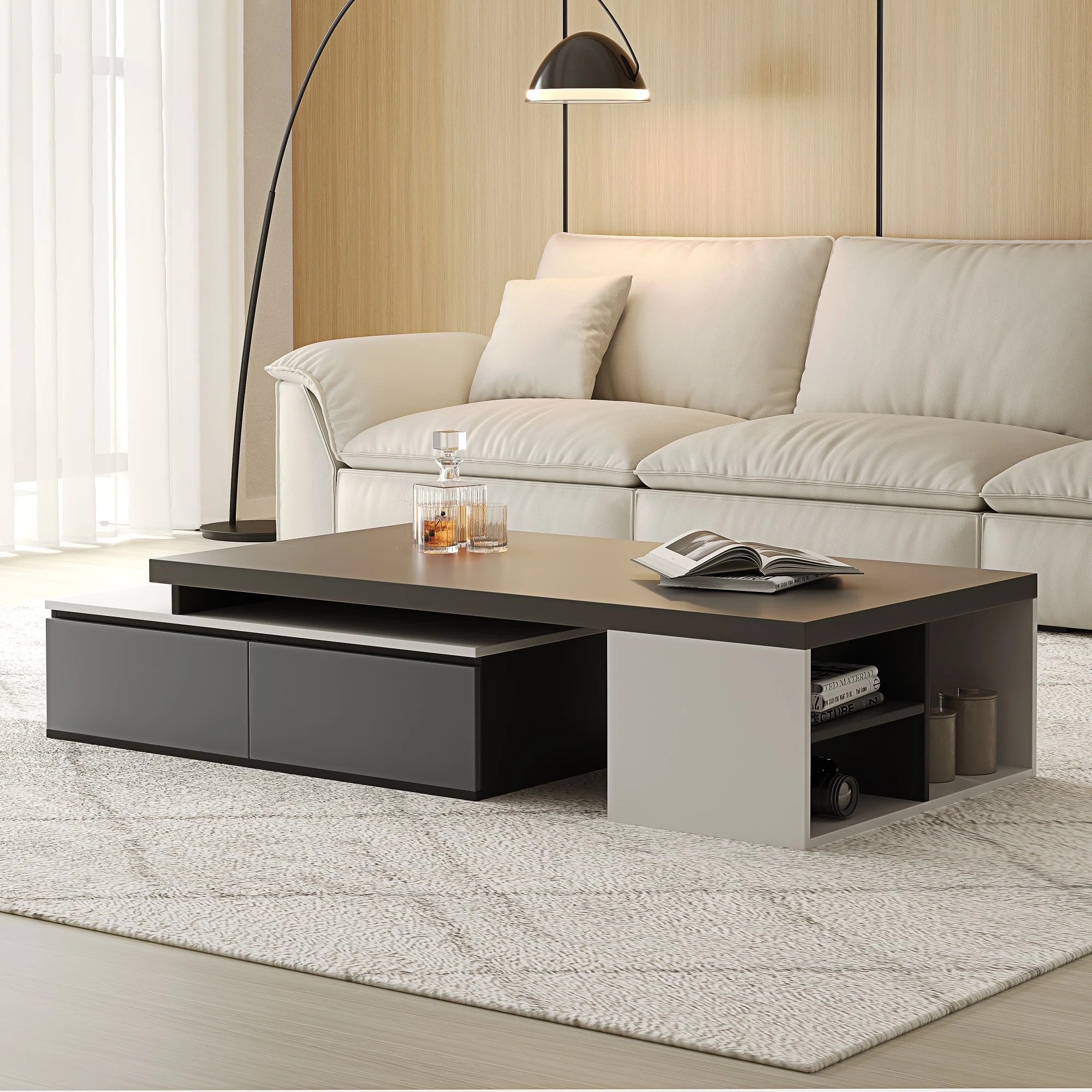 Minimalism Modern Rectangular Extendable Coffee Table with Drawer Storage