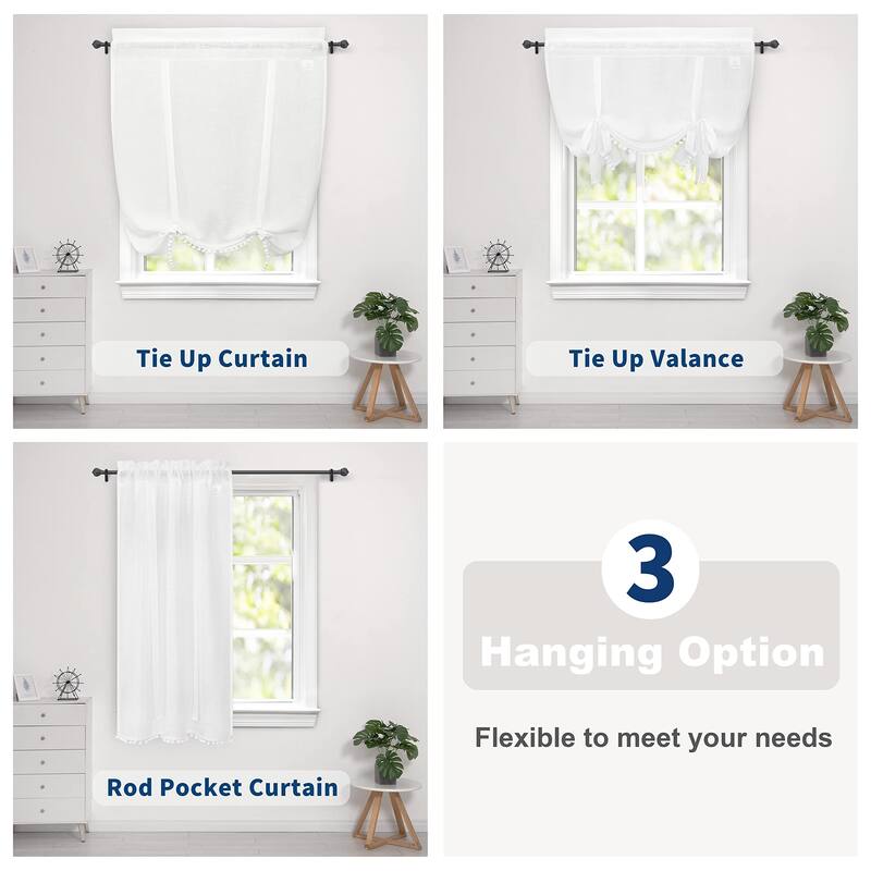 DriftAway Solid Color Linen Textured Slub Sheer with Pom Pom Trim Tie Up Adjustable Balloon Rod Pocket Window Curtains