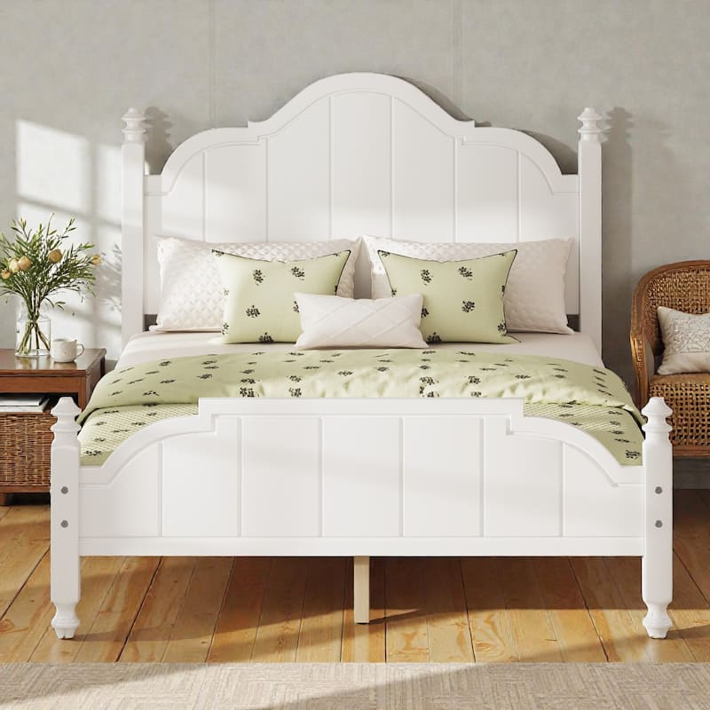 Full/Queen Wooden Platform Bed Frame with Wide Headboard, Slat Support, Vintage Style, No Box Spring Needed