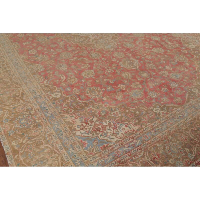 Distressed Mashad Persian Vintage Rug Hand-Knotted Floral Wool Carpet - 8'10"x 13'10"