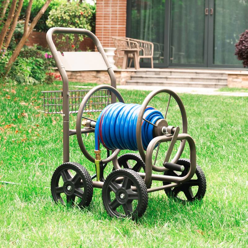 Glitzhome 36"H Steel Garden 4-Wheel Reel Cart with Hose