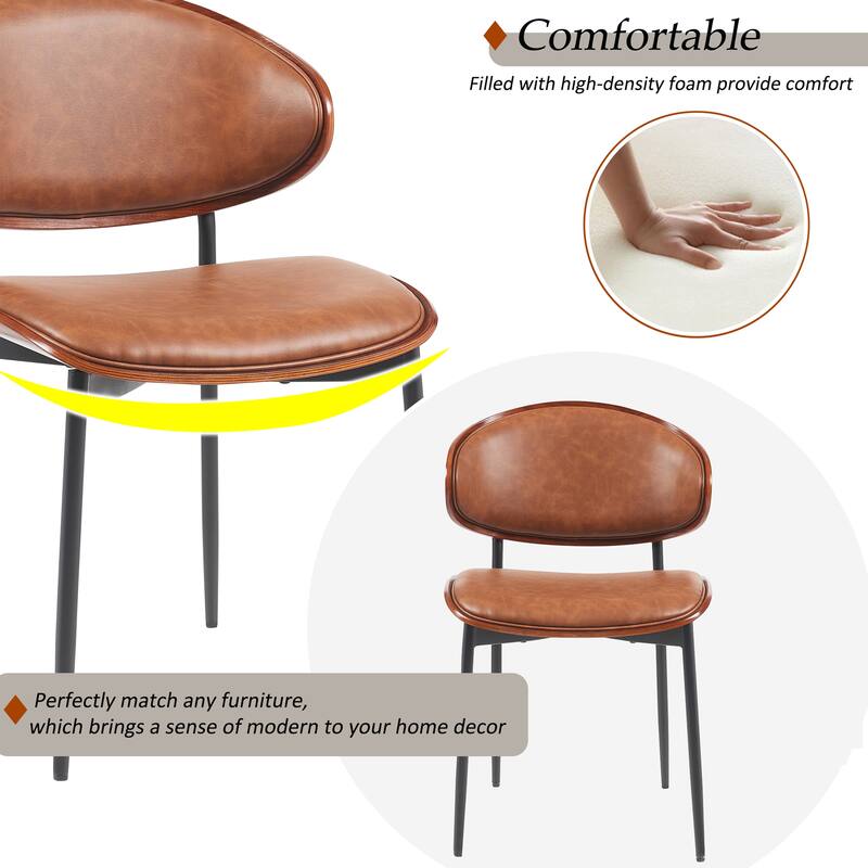 Mid-Century Modern Dining Chairs Set of 2 - Italian-Inspired Bentwood Design with Matte Metal Legs & Luxe PU Leather Seating
