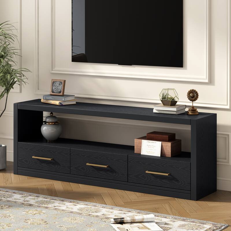 74" Wood TV Stand Wide Top Media Console Table w/ 3 Drawers, Metal Handles, Classic Entertainment Center for Living Room
