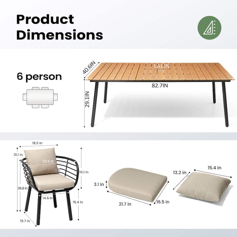 Pellebant 7-PC Outdoor Patio Aluminum Dining Set Table With Dining Chairs Sunbrella Seat&Back Cushions
