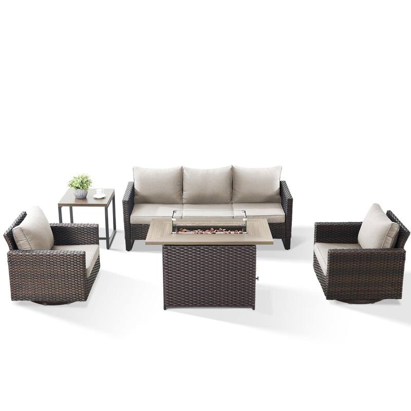 Outdoor Sofa Glider Chairs & Fire Table Brwon-Beige - Brown